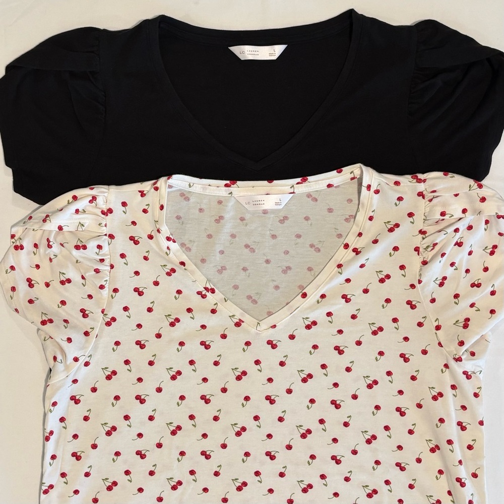 Set of 2 Lauren Conrad V-Neck Tops Cherry Print & Black Large